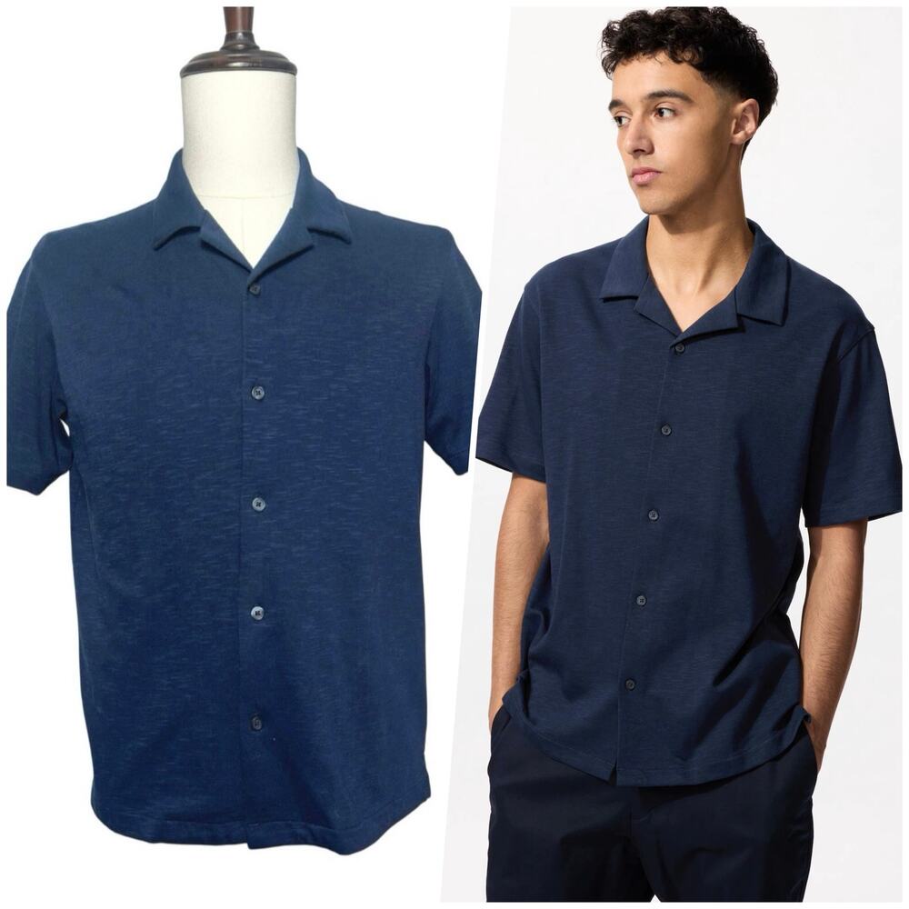 Uniqlo | Men | AIRism Navy Cotton Open Collar SS Button Up Shirt | Small